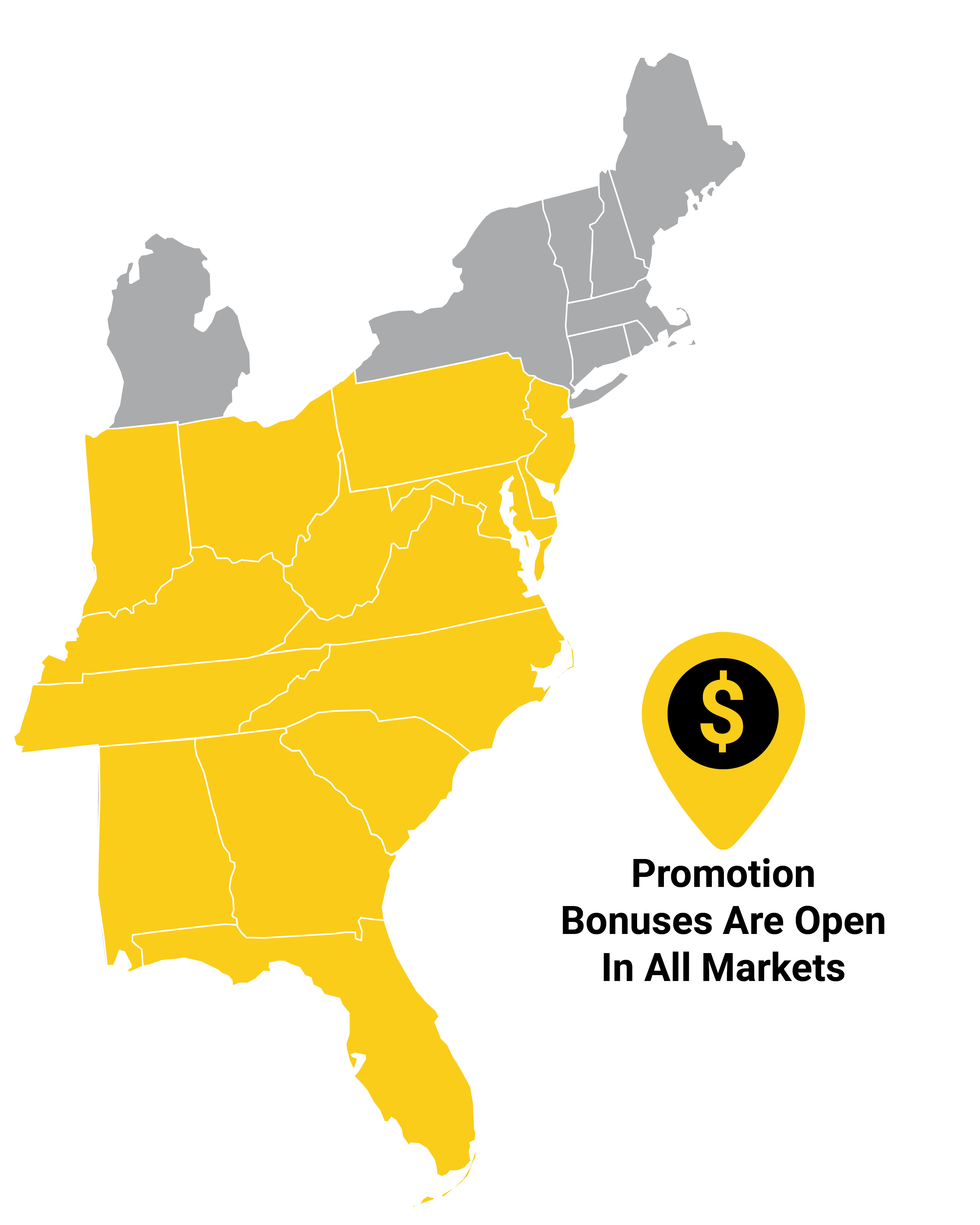 Map highlighting the regions where active promotion rewards are available. The regions marked with yellow indicate rewards are available.