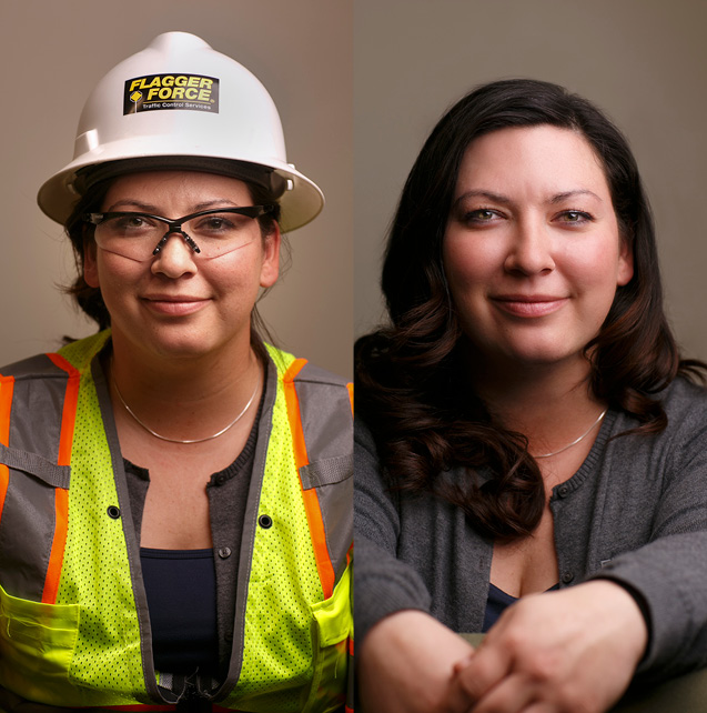 split photo of Jackie McVey in PPE and not in PPE