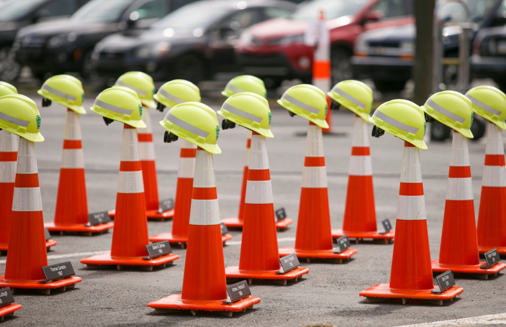Hard hats on cones