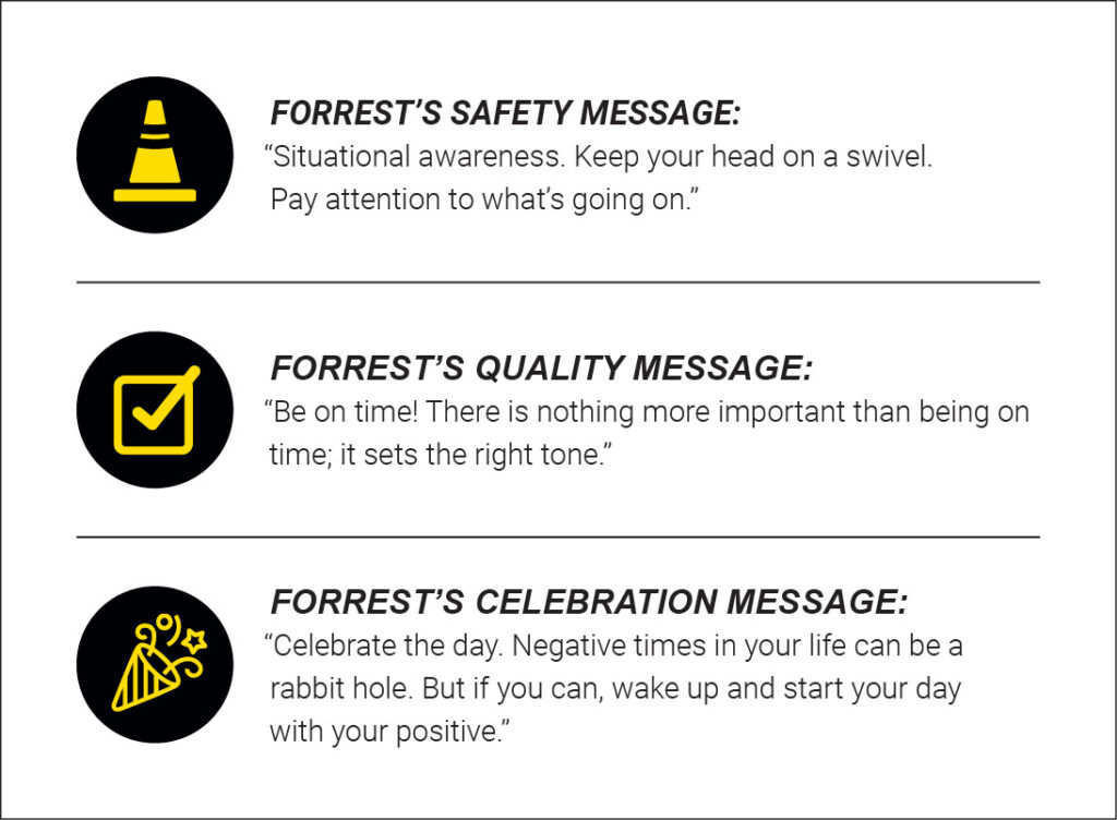 Forrest's Safety, Quality, and Celebration Messages