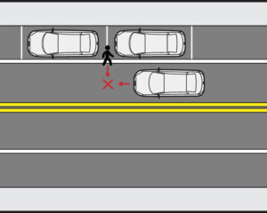 Diagram of Pedestrian Coming Into Street Between 2 Parked Cars with Car Coming