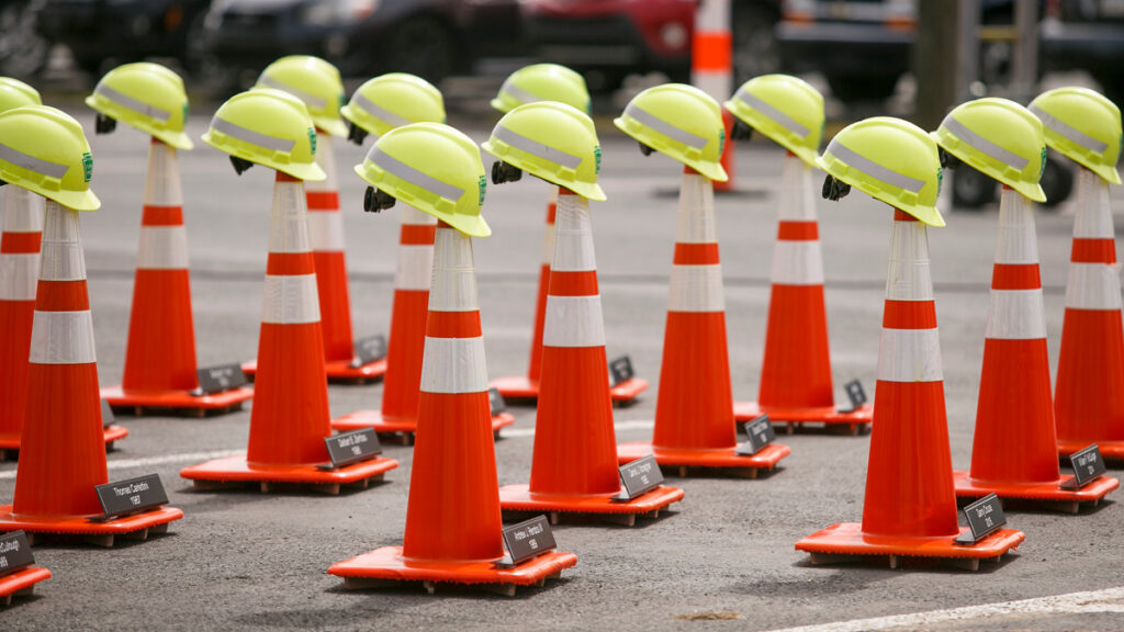 NWZAW memorial photo—hard hats on cones...