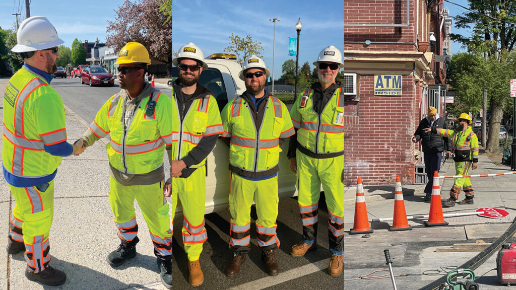employees in PPE shaking hands at job site, employees wearing PPE in front of Flagger Force truck, and employee in PPE helping pedestrian navigate around a work zone