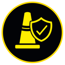 A yellow icon of a safety cone with a check mark in a shield in a black circle with a yellow outline.