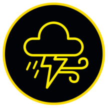 A yellow icon of a storm cloud in a black circle with a yellow outline.