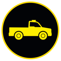 A yellow icon of a truck in a black circle with a yellow outline.
