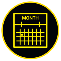 A yellow icon of a calendar in a black circle with a yellow outline.