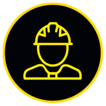 A yellow icon of a person wearing a hard hat in a black circle with a yellow outline.