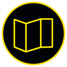A yellow icon of folded paper in a black circle with a yellow outline.