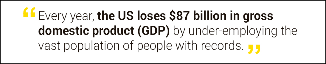 every year, the US lose $87 billion in gross domestic product (GDP) by under-employing the vast population of people with records.