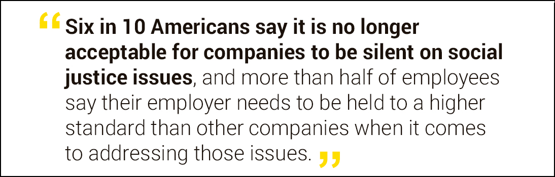 Six in 10 Americans say it is no longer acceptable for companies to be silent on social justice issues