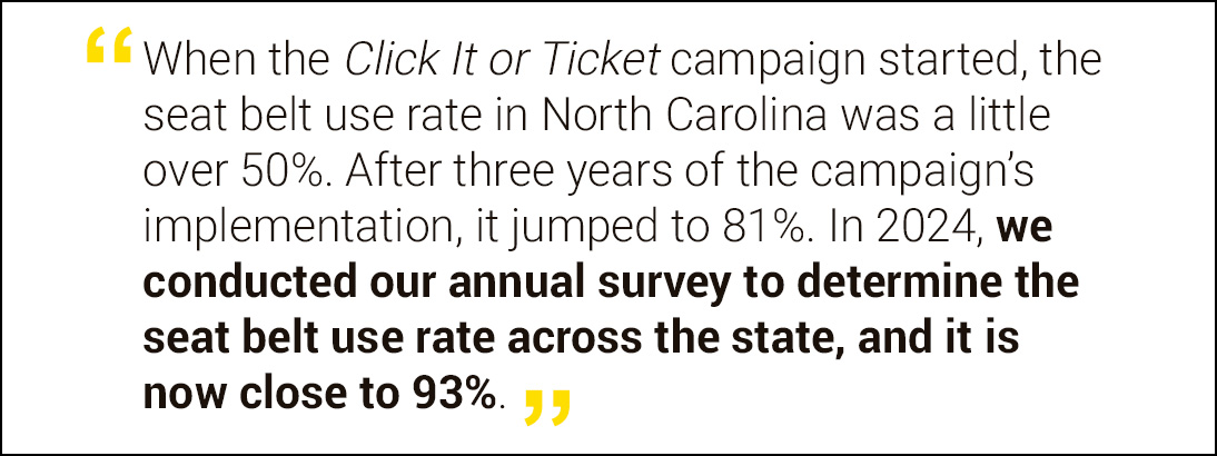When the Click It or Ticket campaign started, the seat belt use rate in North Carolina was a little over 50%.