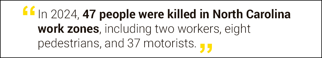 In 2024, 47 people were killed in North Carolina work zones, including two workers, eight pedestrians, and 37 motorists.