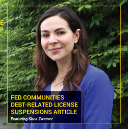 Shea Zwerver's headshot with Debt-Related License Suspensions Article as Text Overlay
