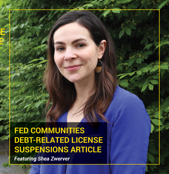 Shea Zwerver's headshot with Debt-Related License Suspensions Article as Text Overlay