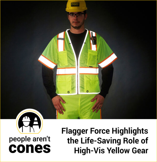 A Flagger Force employee wearing full-body, reflective high-visibility yellow gear.